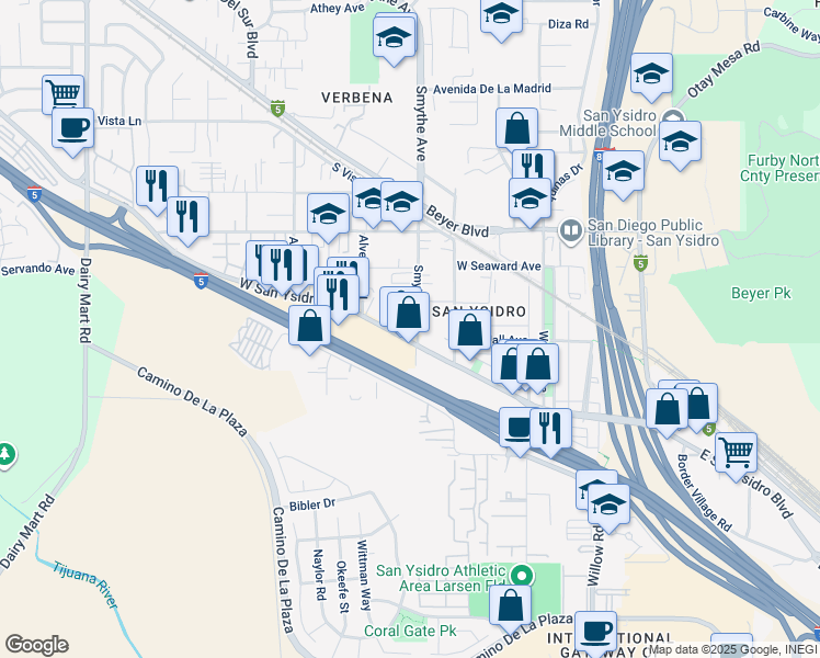 map of restaurants, bars, coffee shops, grocery stores, and more near 2378 Smythe Avenue in San Diego