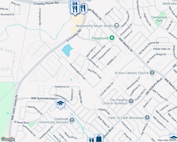map of restaurants, bars, coffee shops, grocery stores, and more near 1408 Hummingbird Court in Crowley