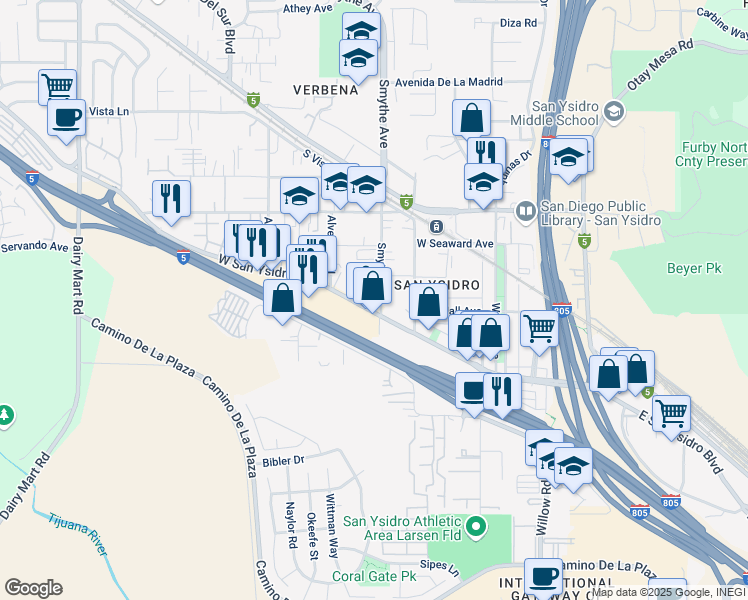 map of restaurants, bars, coffee shops, grocery stores, and more near 2378 Smythe Avenue in San Diego
