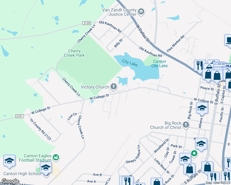 map of restaurants, bars, coffee shops, grocery stores, and more near 1110 West College Street in Canton