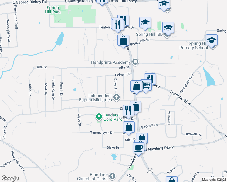 map of restaurants, bars, coffee shops, grocery stores, and more near 417 Dawn Street in Longview
