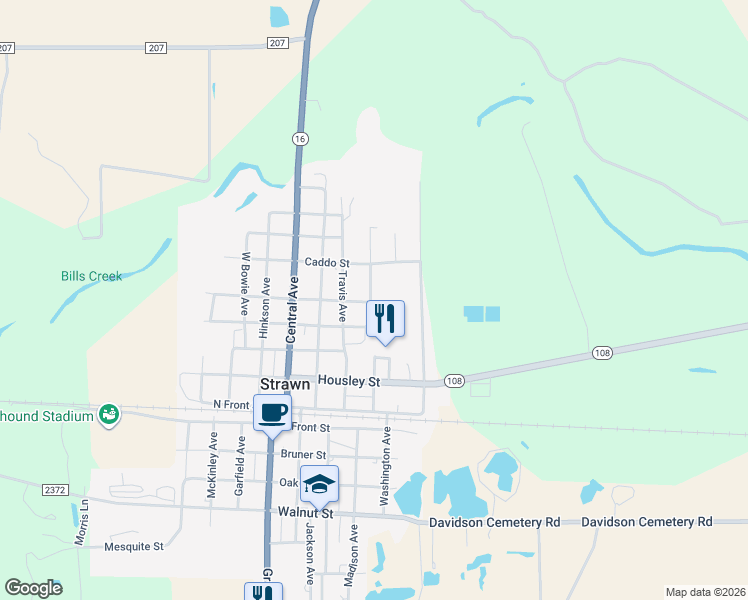 map of restaurants, bars, coffee shops, grocery stores, and more near 324 Stuart Street in Strawn