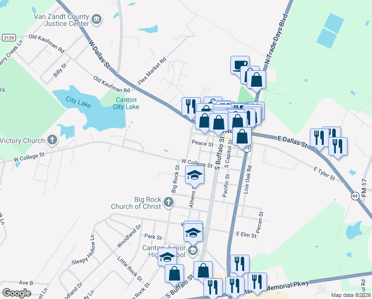 map of restaurants, bars, coffee shops, grocery stores, and more near 303 Athens Street in Canton