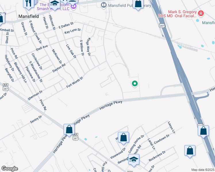 map of restaurants, bars, coffee shops, grocery stores, and more near 620 South Wisteria Street in Mansfield