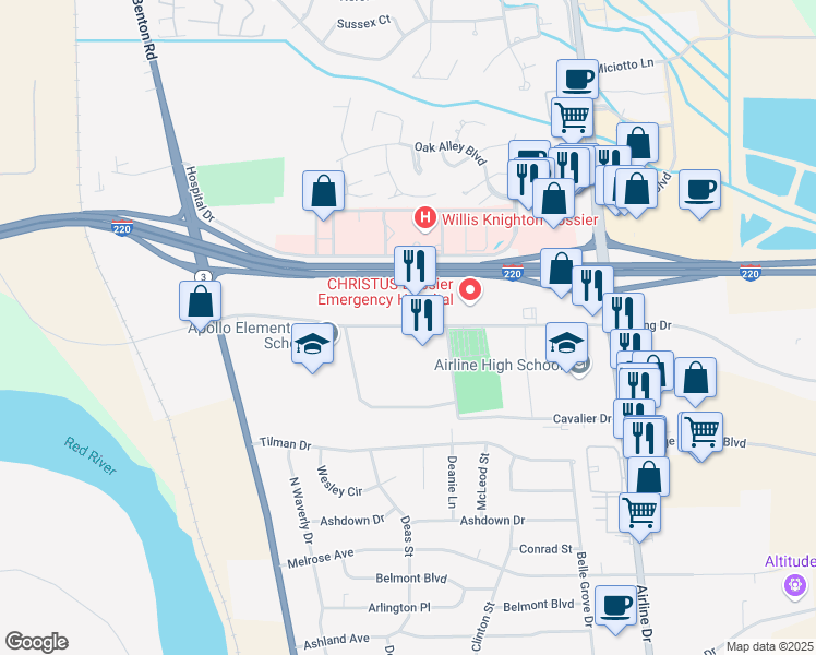 map of restaurants, bars, coffee shops, grocery stores, and more near 2500 Viking Drive in Bossier City