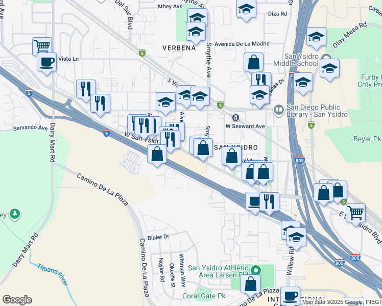 map of restaurants, bars, coffee shops, grocery stores, and more near 341 West San Ysidro Boulevard in San Diego
