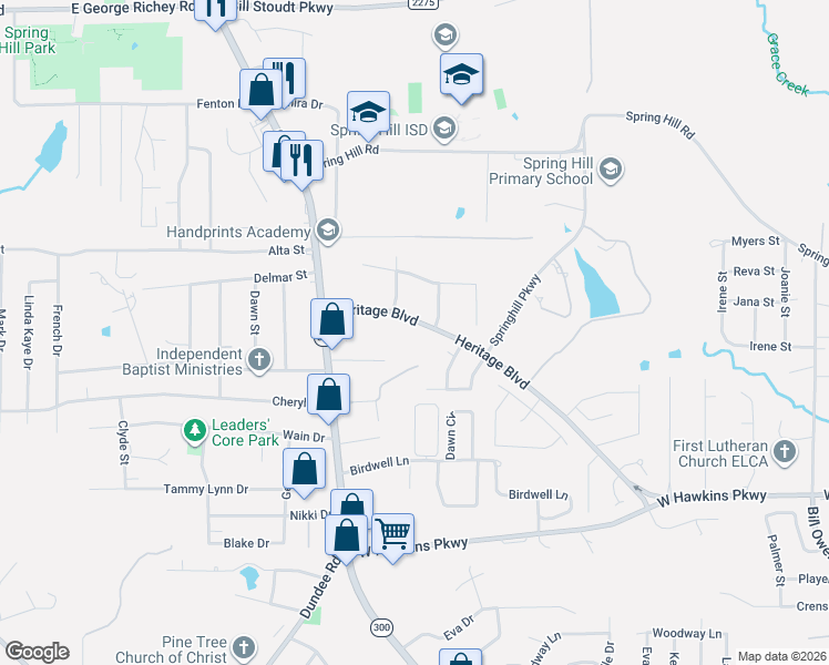 map of restaurants, bars, coffee shops, grocery stores, and more near 115 Rice Road in Longview