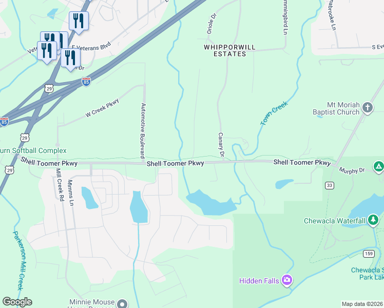 map of restaurants, bars, coffee shops, grocery stores, and more near 500 Shell Toomer Parkway in Auburn