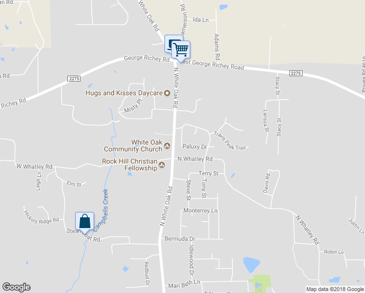 map of restaurants, bars, coffee shops, grocery stores, and more near 103 Paluxy Drive in White Oak