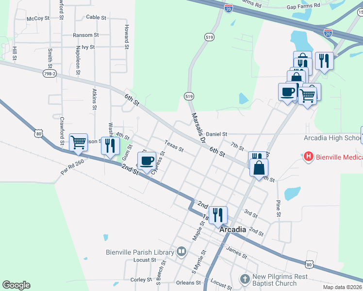 map of restaurants, bars, coffee shops, grocery stores, and more near 2349 6th Street in Arcadia