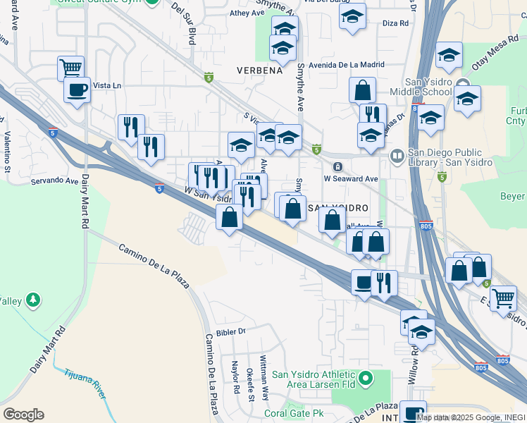 map of restaurants, bars, coffee shops, grocery stores, and more near 341 West San Ysidro Boulevard in San Diego
