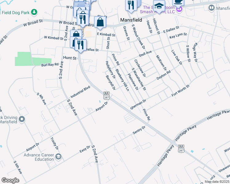 map of restaurants, bars, coffee shops, grocery stores, and more near 530 Hollyberry Drive in Mansfield