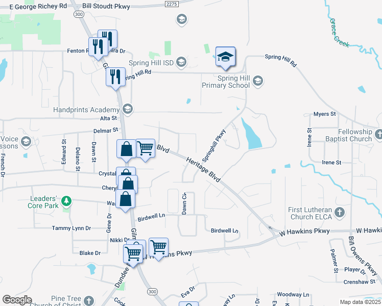 map of restaurants, bars, coffee shops, grocery stores, and more near 3907 Chase Crest Circle in Longview
