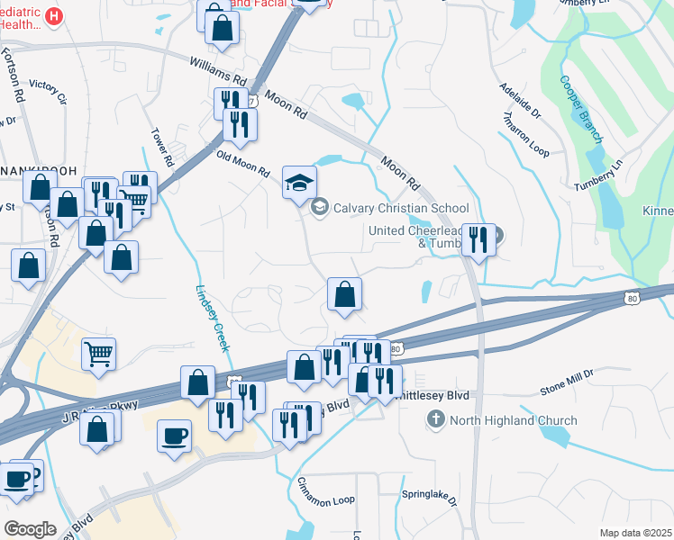 map of restaurants, bars, coffee shops, grocery stores, and more near 7490 Old Moon Rd in Columbus