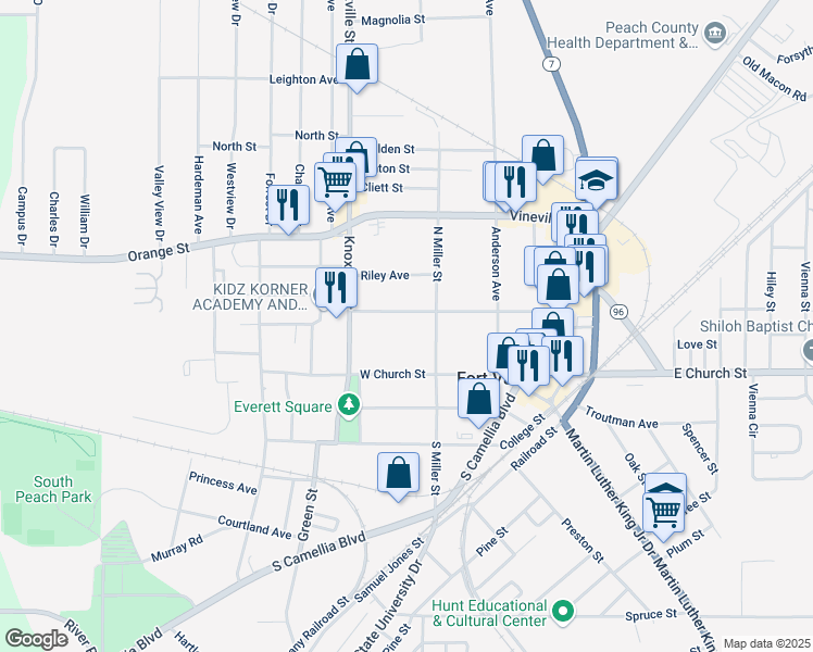 map of restaurants, bars, coffee shops, grocery stores, and more near 303 Persons Street in Fort Valley
