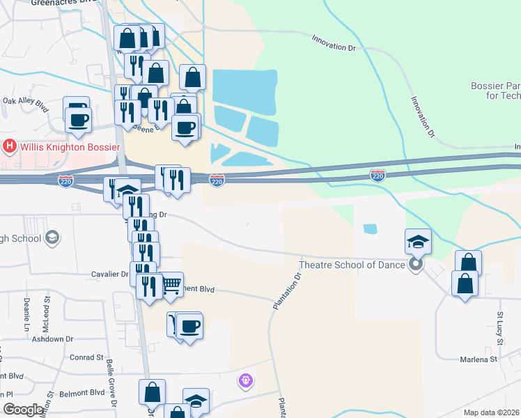 map of restaurants, bars, coffee shops, grocery stores, and more near Interstate 220 in Bossier City