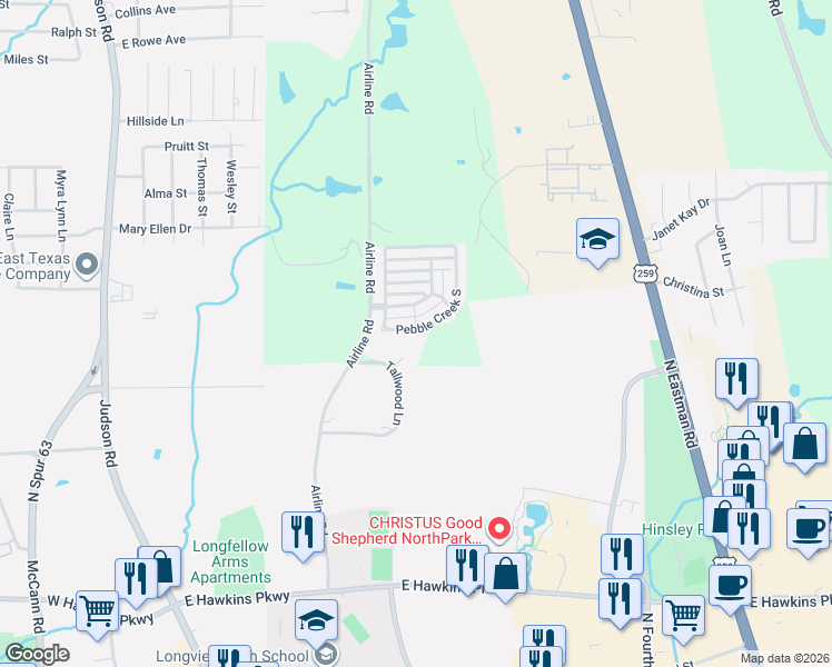 map of restaurants, bars, coffee shops, grocery stores, and more near 26 Pebble Creek Drive South in Longview