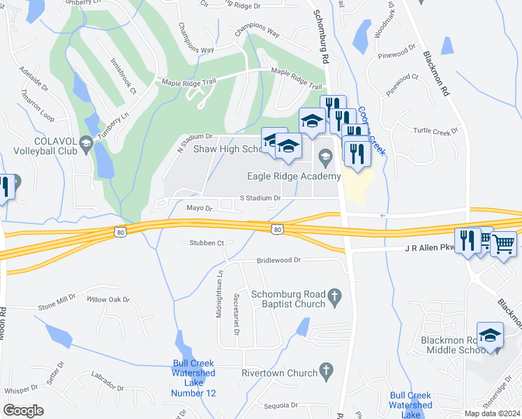 map of restaurants, bars, coffee shops, grocery stores, and more near 4500 South Stadium Drive in Columbus