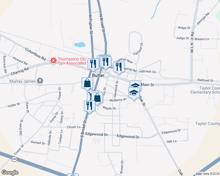 map of restaurants, bars, coffee shops, grocery stores, and more near 12 Ivy Street in Butler