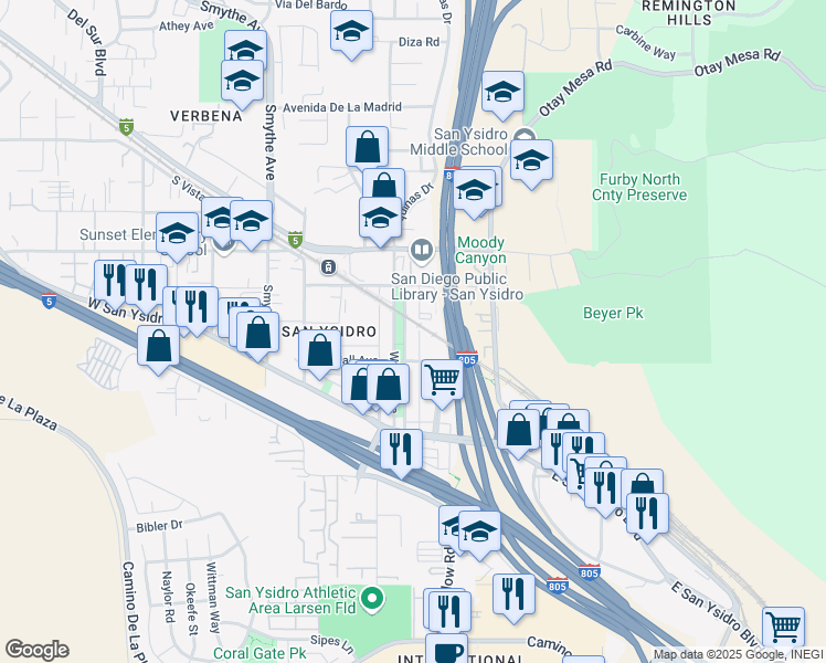 map of restaurants, bars, coffee shops, grocery stores, and more near 220 East Park Avenue in San Diego