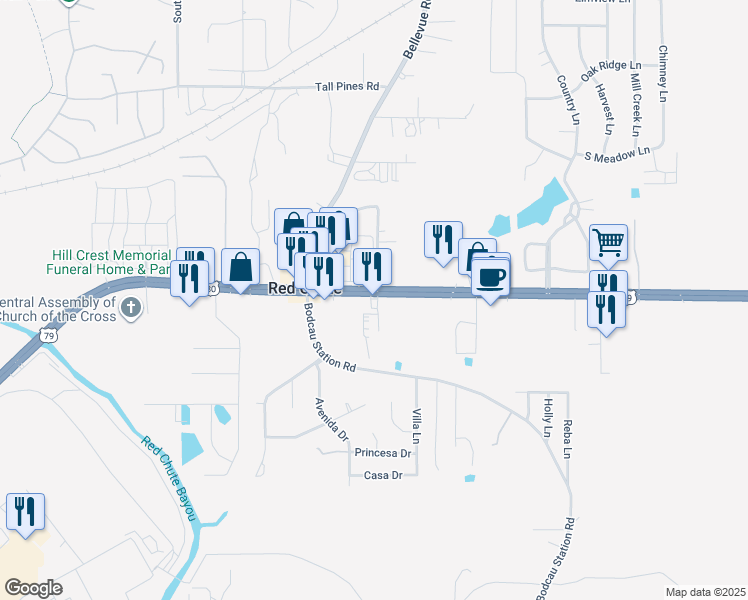 map of restaurants, bars, coffee shops, grocery stores, and more near 1139 U.S. 80 in Haughton
