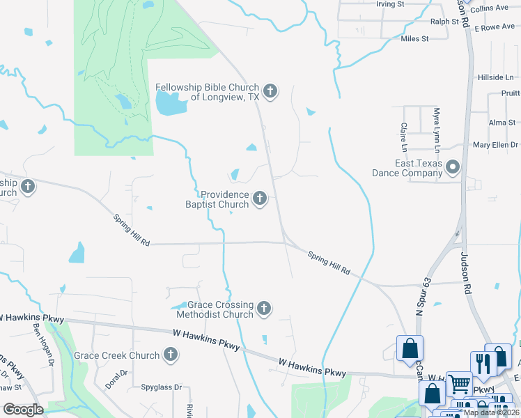 map of restaurants, bars, coffee shops, grocery stores, and more near 4105 McCann Road in Longview