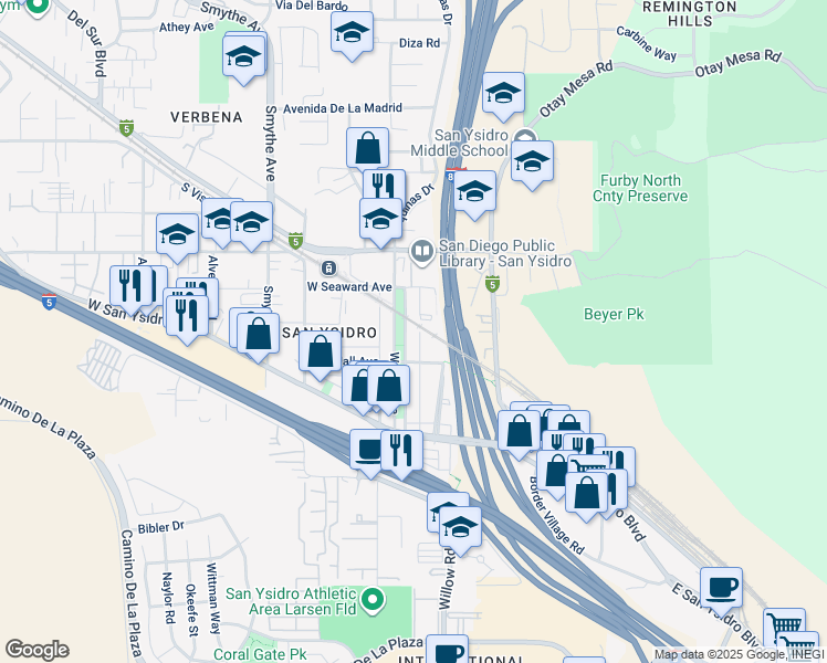map of restaurants, bars, coffee shops, grocery stores, and more near 240 Pepper Drive in San Diego