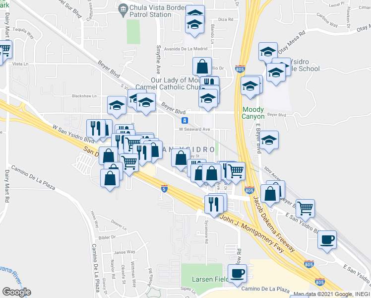 map of restaurants, bars, coffee shops, grocery stores, and more near  in San Diego