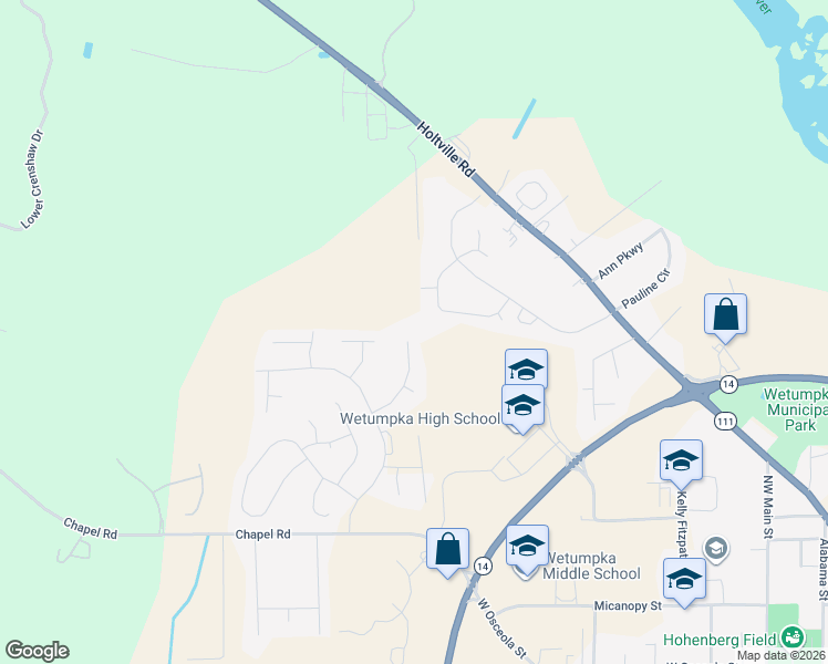 map of restaurants, bars, coffee shops, grocery stores, and more near 194 King Cotton Lane in Wetumpka