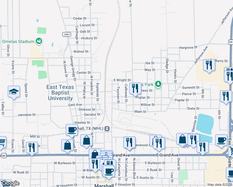 map of restaurants, bars, coffee shops, grocery stores, and more near 1203 Calloway Street in Marshall