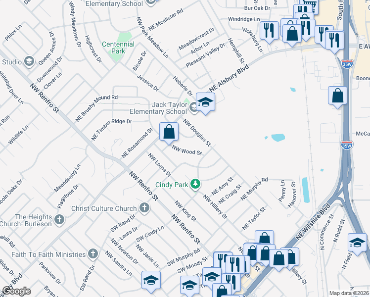 map of restaurants, bars, coffee shops, grocery stores, and more near 744 Northwest Wood Street in Burleson