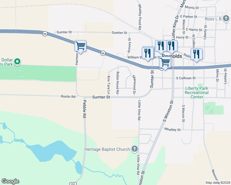 map of restaurants, bars, coffee shops, grocery stores, and more near 51 Robin Hood Road in Reynolds