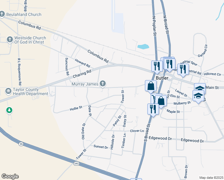 map of restaurants, bars, coffee shops, grocery stores, and more near 86 Cedar Street in Butler