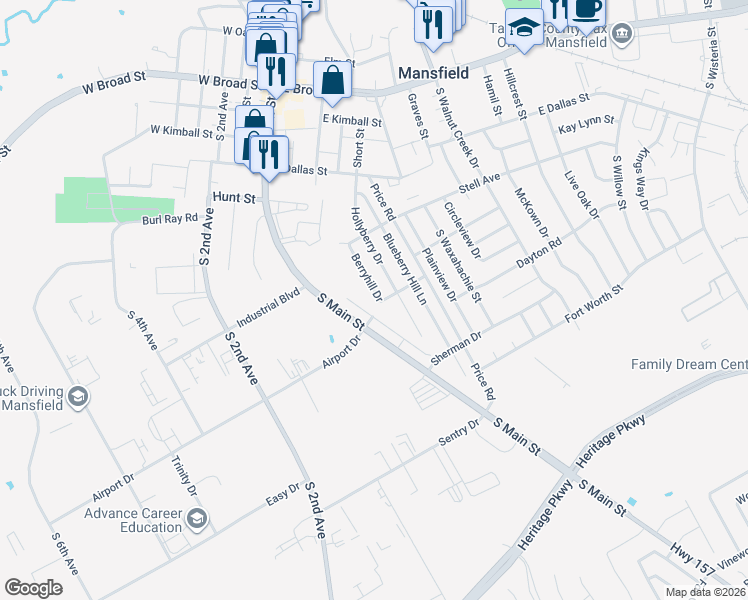 map of restaurants, bars, coffee shops, grocery stores, and more near 530 Berryhill Drive in Mansfield