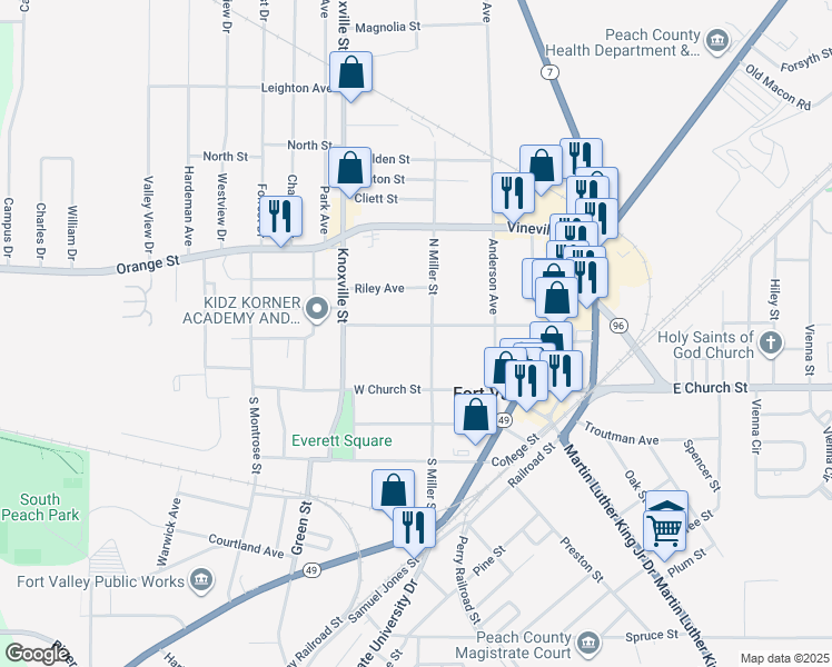 map of restaurants, bars, coffee shops, grocery stores, and more near 303 Persons Street in Fort Valley