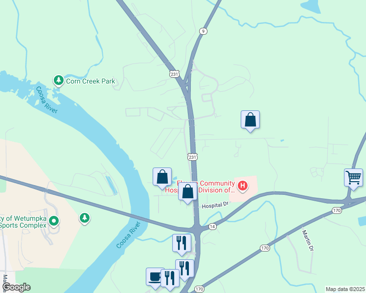 map of restaurants, bars, coffee shops, grocery stores, and more near 1021 Jackson Trace Road in Wetumpka