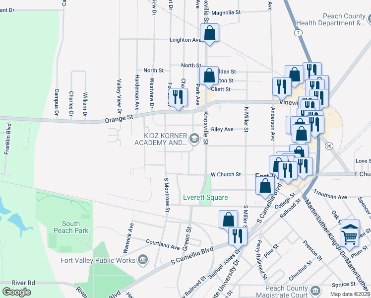 map of restaurants, bars, coffee shops, grocery stores, and more near 602 Carmen Avenue in Fort Valley
