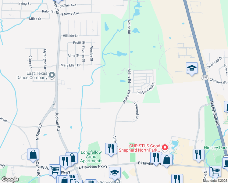map of restaurants, bars, coffee shops, grocery stores, and more near 3503 Airline Rd in Longview