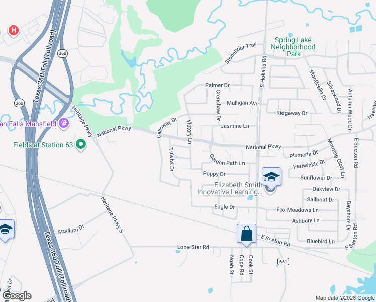 map of restaurants, bars, coffee shops, grocery stores, and more near 403 Victory Lane in Mansfield