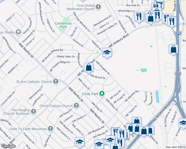 map of restaurants, bars, coffee shops, grocery stores, and more near 744 Northwest Wood Street in Burleson