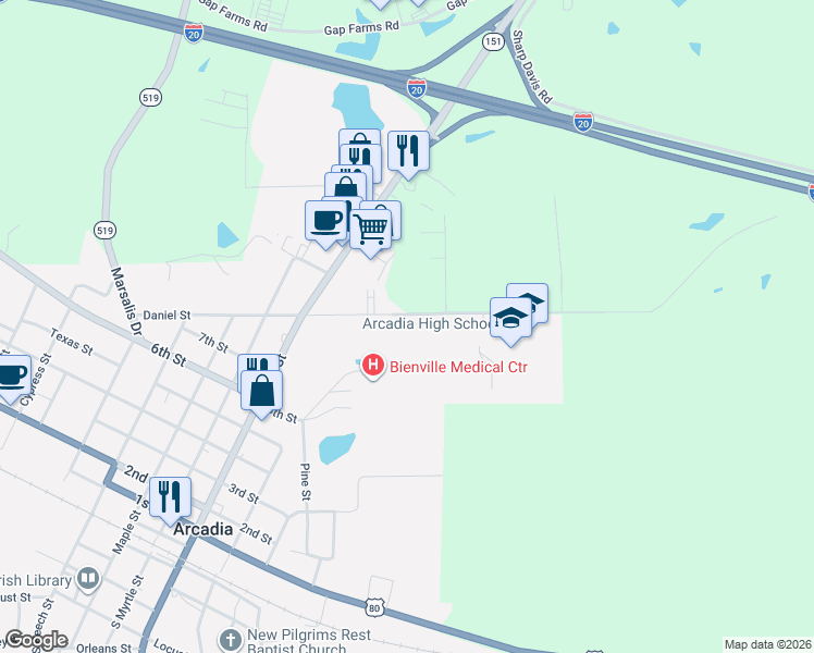 map of restaurants, bars, coffee shops, grocery stores, and more near 1415 Daniel Street in Arcadia
