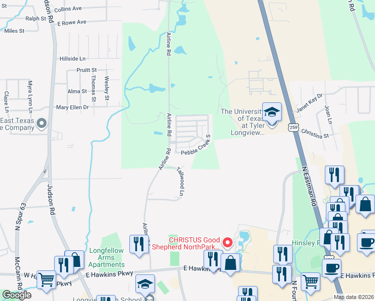 map of restaurants, bars, coffee shops, grocery stores, and more near 26 Pebble Creek Drive South in Longview