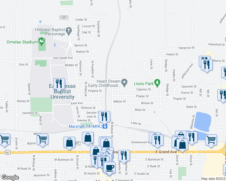 map of restaurants, bars, coffee shops, grocery stores, and more near 1204 North Bolivar Street in Marshall