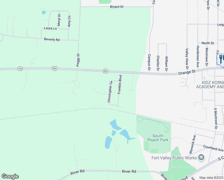 map of restaurants, bars, coffee shops, grocery stores, and more near 155 Christopher Circle in Fort Valley