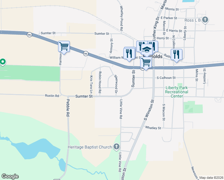 map of restaurants, bars, coffee shops, grocery stores, and more near 7 Friar Tuck Road in Reynolds