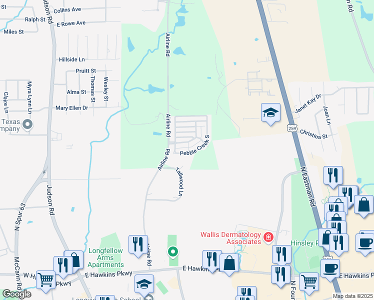 map of restaurants, bars, coffee shops, grocery stores, and more near 26 Pebble Creek Dr S in Longview