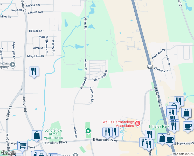 map of restaurants, bars, coffee shops, grocery stores, and more near 26 Pebble Creek Drive South in Longview