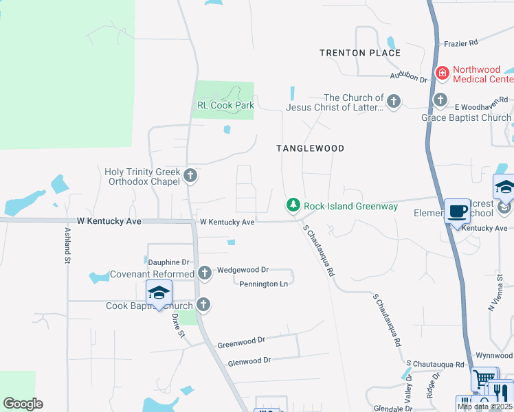 map of restaurants, bars, coffee shops, grocery stores, and more near 2410 Creekwood Street in Ruston