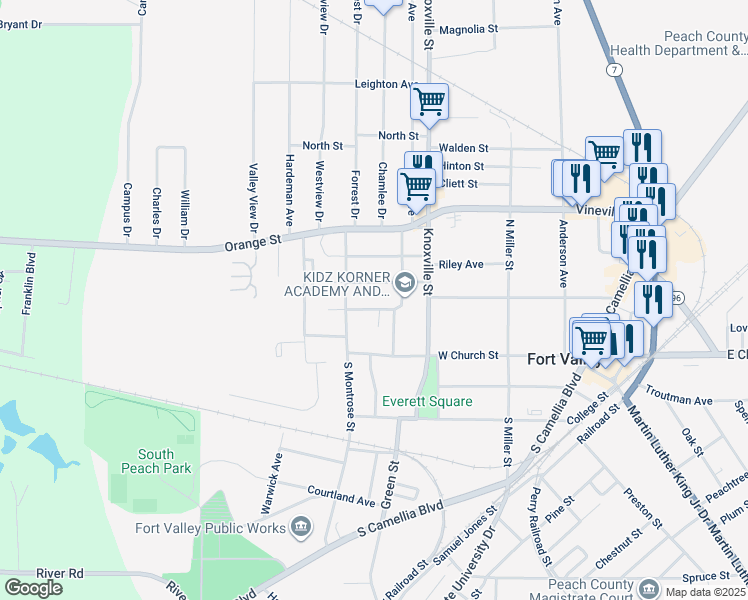 map of restaurants, bars, coffee shops, grocery stores, and more near 602 Carmen Avenue in Fort Valley