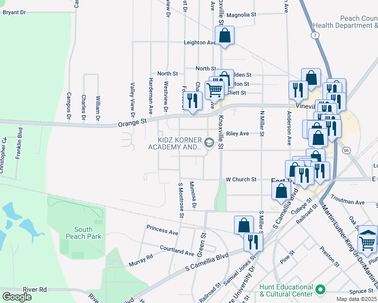 map of restaurants, bars, coffee shops, grocery stores, and more near 302 North Montrose Street in Fort Valley